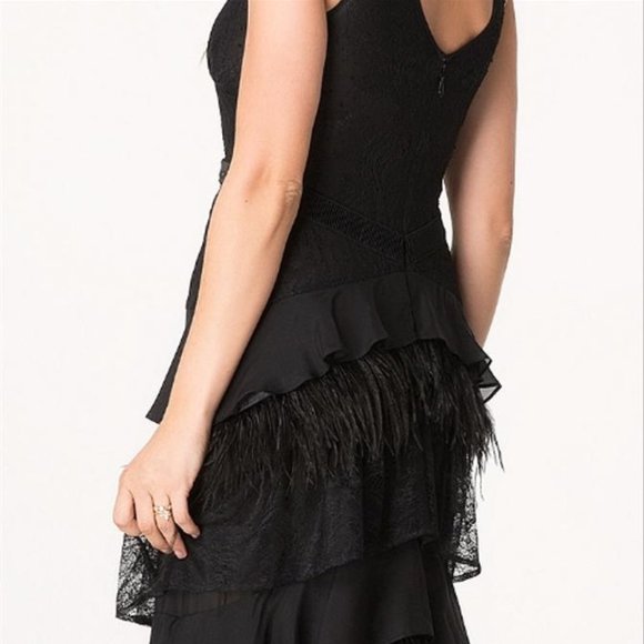 Bebe Long Black Feather Lace Chiffon Gown Dress 2 - Picture 5 of 6